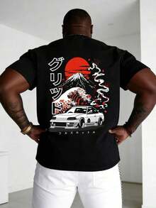 AnChiStreetwear - Camiseta de manga corta casual con estampado gráfico minimalista de volcán y paisaje de automóvil japonés, adecuada para streetwear, actividades al aire uso diario, talla grande para hombres - Negro - Ver 1