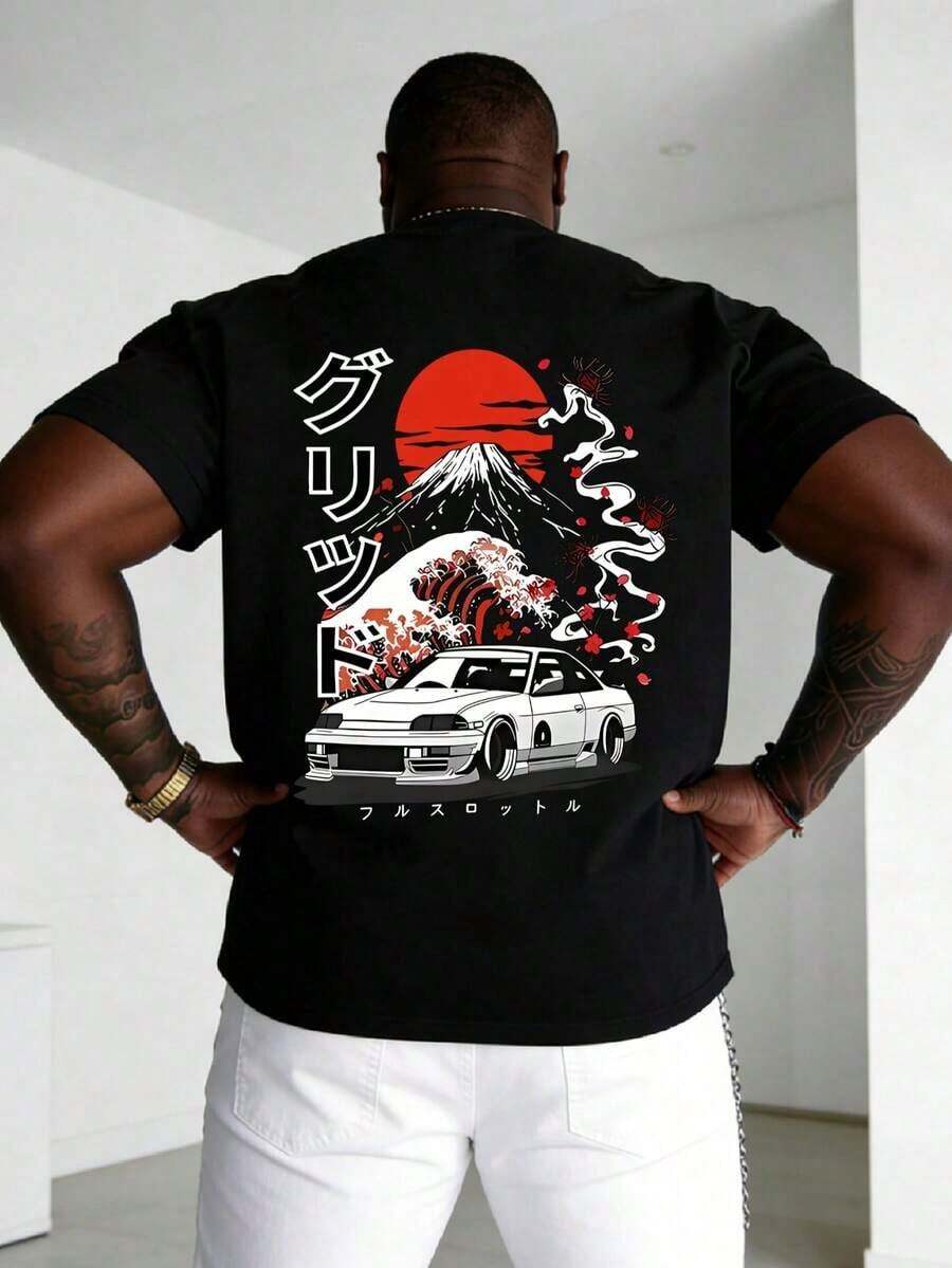 AnChiStreetwear - Camiseta de manga corta casual con estampado gráfico minimalista de volcán y paisaje de automóvil japonés, adecuada para streetwear, actividades al aire uso diario, talla grande para hombres - Negro - Ver 1