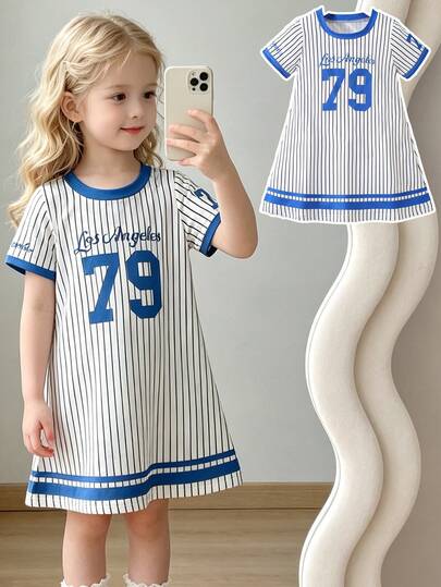幼児女の子用 アウトドアカジュアルスポーツ カレッジスタイル ブルー&ホワイトストライプ コントラストカラー ベースボールジャケットドレス、デイリーカジュアルアウトドアスポーツTシャツドレスに適しています