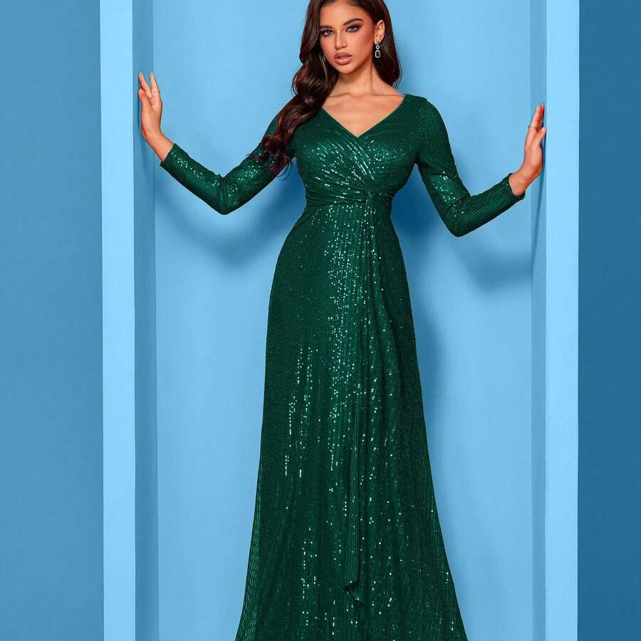 Sequin Long Sleeve V-Neck Twist Waist Slim Fit Wedding Dress Solid Color Women'S Elegant Fashion Long Formal Dinner Party Prom Gown - 墨綠色 - 查看 1