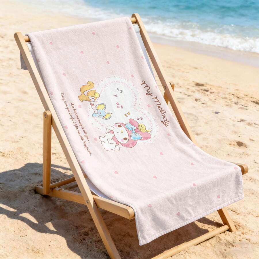 Sanrio My Melody Lace Heart Light Pink Beach Towel With Friends & Musical Notes Print Ultra Soft Beach Towel, Perfect For Pool, Summer Beach And Travel - A - View 1