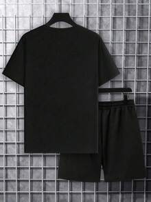 Plus Size 2-Piece Set: Men's Bench. Logo Print Short Sleeve T-Shirt & Drawstring Shorts Casual Outfit - Black - View 3