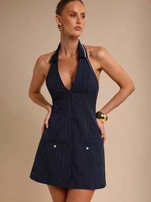 MEXCOSMINA Vestido mini elegante de mujer con cuello en V y cintura ceñida, ropa de mujer para primavera/veranoMEX 4NOF - Azul y blanco - Ver 4