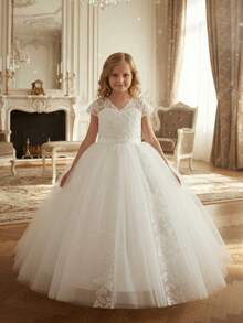 Tween Girls White Lace Mesh Puff Dress, Short Sleeve Sheer Shoulder Flower Girl Princess Dress - White - View 4