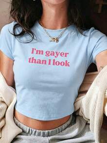 I'm Gayer Than I Look LGBTQ+ Pride Crop Top - Short Sleeve Fitted T-Shirt, Comfortable Casual/Daily/Party Wear, Soft - 淺藍色 - 查看 11