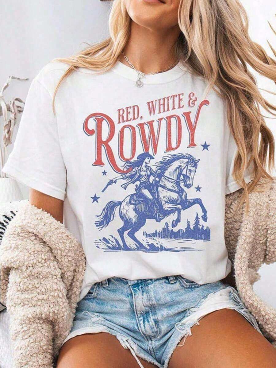 Camiseta vaquera del 4 de julio, camiseta roja, blanca y rebelde, camiseta de mujer del 4 de julio, camiseta vaquera, camiseta patriótica, camisetas gráficas de mujer 100% algodón. - Blanco - Ver 1
