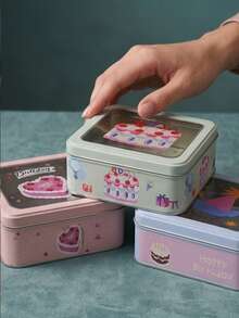 1pc Birthday Square Tin Gift Box With Clear Window. Reusable Metal Tin With Cute Cake & Floral Patterns. Perfect For Party Favors, Treats, Small Gifts And Home Storage. Beautiful Packaging For Birthdays, Baby Showers And Holidays. - View 1