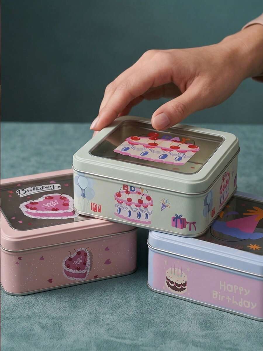 1pc Birthday Square Tin Gift Box With Clear Window. Reusable Metal Tin With Cute Cake & Floral Patterns. Perfect For Party Favors, Treats, Small Gifts And Home Storage. Beautiful Packaging For Birthdays, Baby Showers And Holidays. - View 1