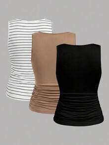 LUNE 3 piezas Tops de tirantes de unicolor adelgazantes para mujer, casuales y sencillos, perfectos para el verano - Multicolor 7 - Ver 2