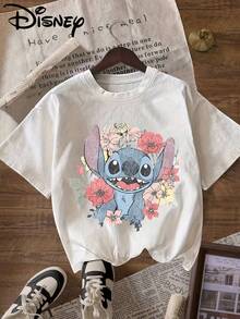 Disney "Lilo & Stitch" Patterned T-Shirt, Round Neck, Pullover, Women's Casual Sports Short-Sleeved Shirt - trắng - Xem 1