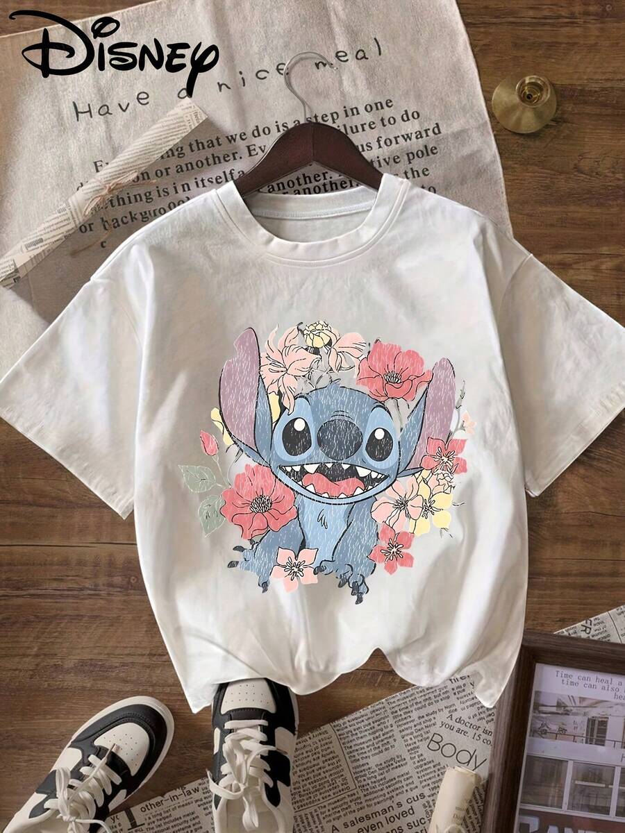 Disney "Lilo & Stitch" Patterned T-Shirt, Round Neck, Pullover, Women's Casual Sports Short-Sleeved Shirt - trắng - Xem 1