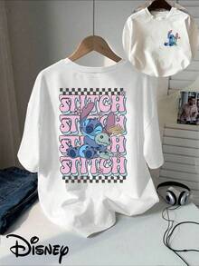 Disney Classic Cartoon Stitch And Little Golden T-Shirt With Double-Sided Print, Short-Sleeved Round-Neck Casual Top, Suitable For Summer And Spring, Short-Sleeved Top, Women's Clothing. - 白色 - 查看 6