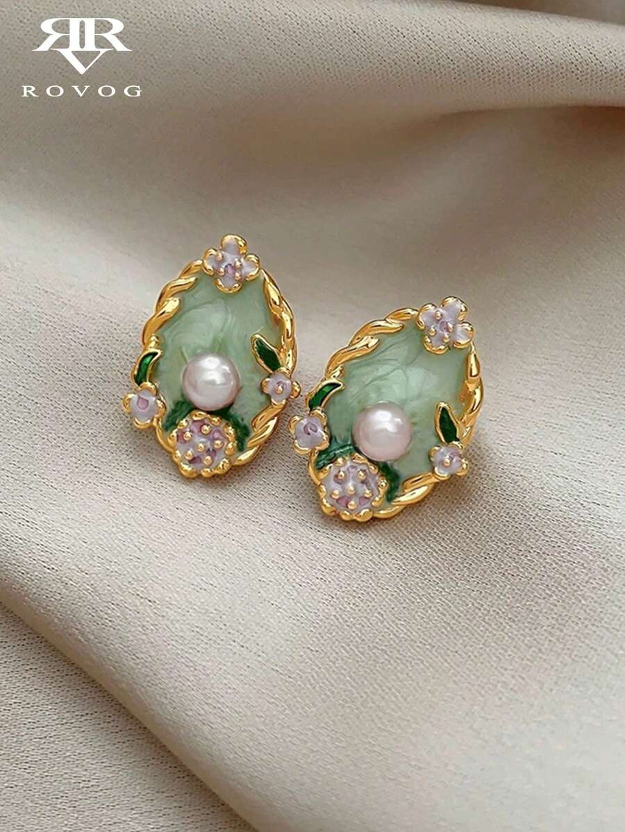 1 Đôi bông tai thời trang sang trọng kiểu retro, thiết kế bất đối xứng hình học hoa lá đính ngọc trai giả, thích hợp cho các bữa tiệc, họp mặt, du lịch. - Nhiều màu - Xem 1