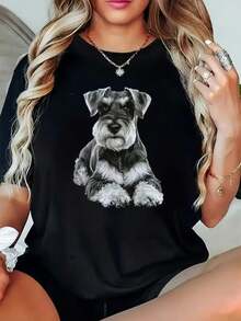Camiseta de Mujer con Retrato de Schnauzer Blanco y Negro S2026 Talla Grande, Camiseta Ligera de Verano, Corte Regular, Casual, Transpirable, Esencial para el Uso Diario, Ropa Versátil, Look Moderno, Material Cómodo, Mangas Cortas para Jóvenes Adultos - Negro - Ver 1