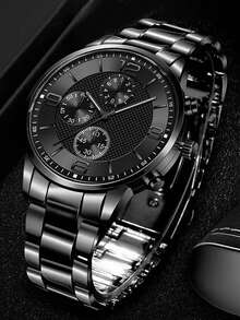 4pcs/Set Men's Casual Business Watch, Cross Pendant Necklace, Bracelet And Ring, Sports - Black - View 2