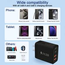 1個 2A2C 介面 USB-C 插頭快速充電器，40W 4 埠多 USB 充電適配器 (美國插頭) 雙埠 PD 電源適配器 + QC 壁式充電器，多埠 AC 電源 Type-C 充電插頭，適用於多人充電、多裝置充電、居家充電需求及辦公桌使用，多埠快速充電 - 查看 3