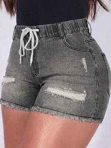 Summer Women's Distressed Stretch Drawstring Frayed Denim Shorts Casual Wear - Light Grey - View 2