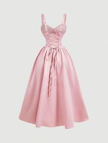 MOD Vestido largo elegante de unicolor con cintura fruncida y anudada, adecuado para citas y fiestas - Rosa - Ver 2