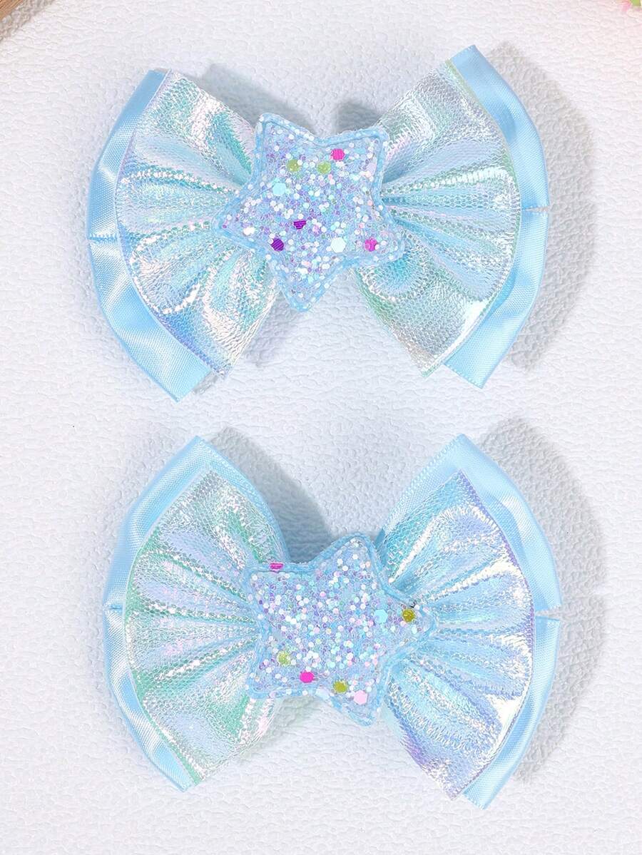 2pcs/Set Girls' Blue Bow Hair Clips, Shiny Star Bow Hair Clips, Cute & Sweet Hair Clips, Ocean & Starry Sky Bow Hair Clips, Princess Hair Accessories, Suitable For Daily Life, Birthday Party, Theme Party, Photography, Spring/Summer Vacation, Beach Holiday - Multicolor - View 1