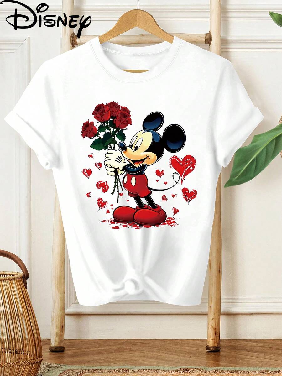 Mickey Mouse T-Shirt With Red Roses And Hearts, Disney Design, New Summer Short-Sleeved T-Shirt For Women, Casual Printed T-Shirt, Elegant Women's Clothing - trắng - Xem 1