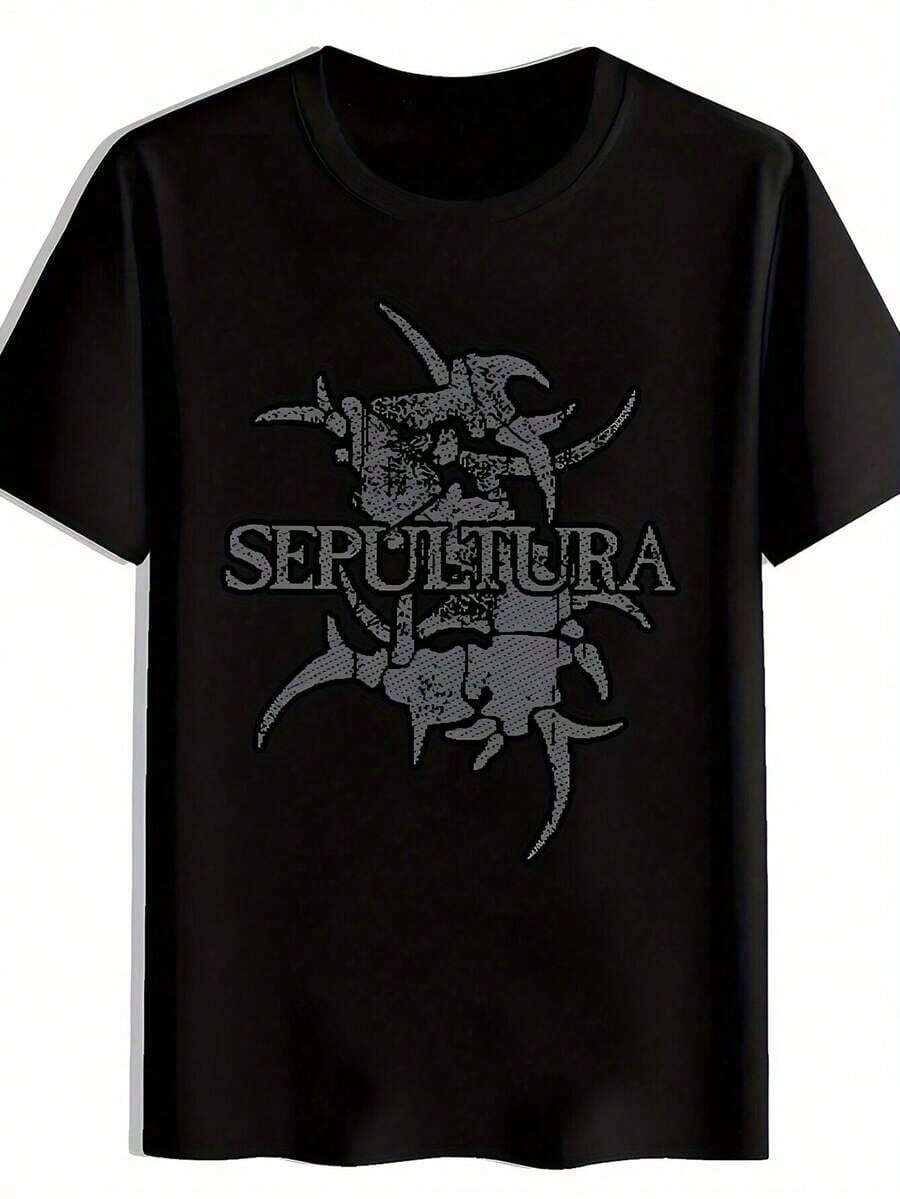 Brazilian Heavy Metal Band Skull Print T-Shirt | Summer, Versatile, Sporty, Modern, Crew Neck, Short Sleeve, Casual Everyday Wear, Men's Clothing - 黑色 - 查看 1