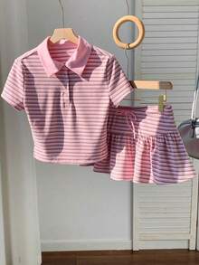 Conjunto de 2 piezas de camiseta de manga corta a rayas y minifalda casual de verano para mujer - Multicolor - Ver 11