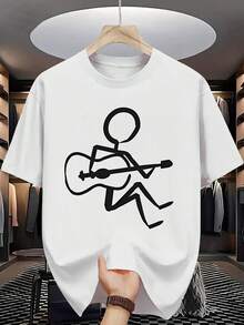 [T-shirt décontracté] T-shirt décontracté d'été à col rond pour hommes | Tissu en maille de polyester | Coupe régulière | Manches courtes | Imprimé guitariste - Blanc - Voir 2