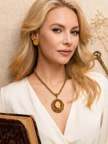 Conjunto de collar con colgante ovalado y aretes de cadena trenzada estilo palacio retro, lujoso y versátil - Multicolor - Ver 8