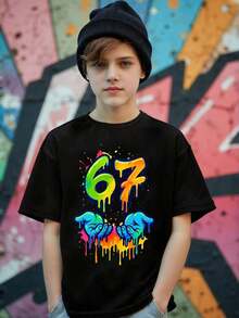 GraphicGems Boys' Basic Short Sleeve T-Shirt, Casual, Elegant, Creative, Personalized, Refreshing, Chic, Minimalist, Cool Style, With Digit 67 Football Graphic Print, Comfortable Clothing For Daily Wear, Cozy Summer And Autumn Styles, Suitable For 7 Year Olds, Graphic Clothing For Boys, Hip Hop Clothing For Boys. - 黃色 - 查看 9