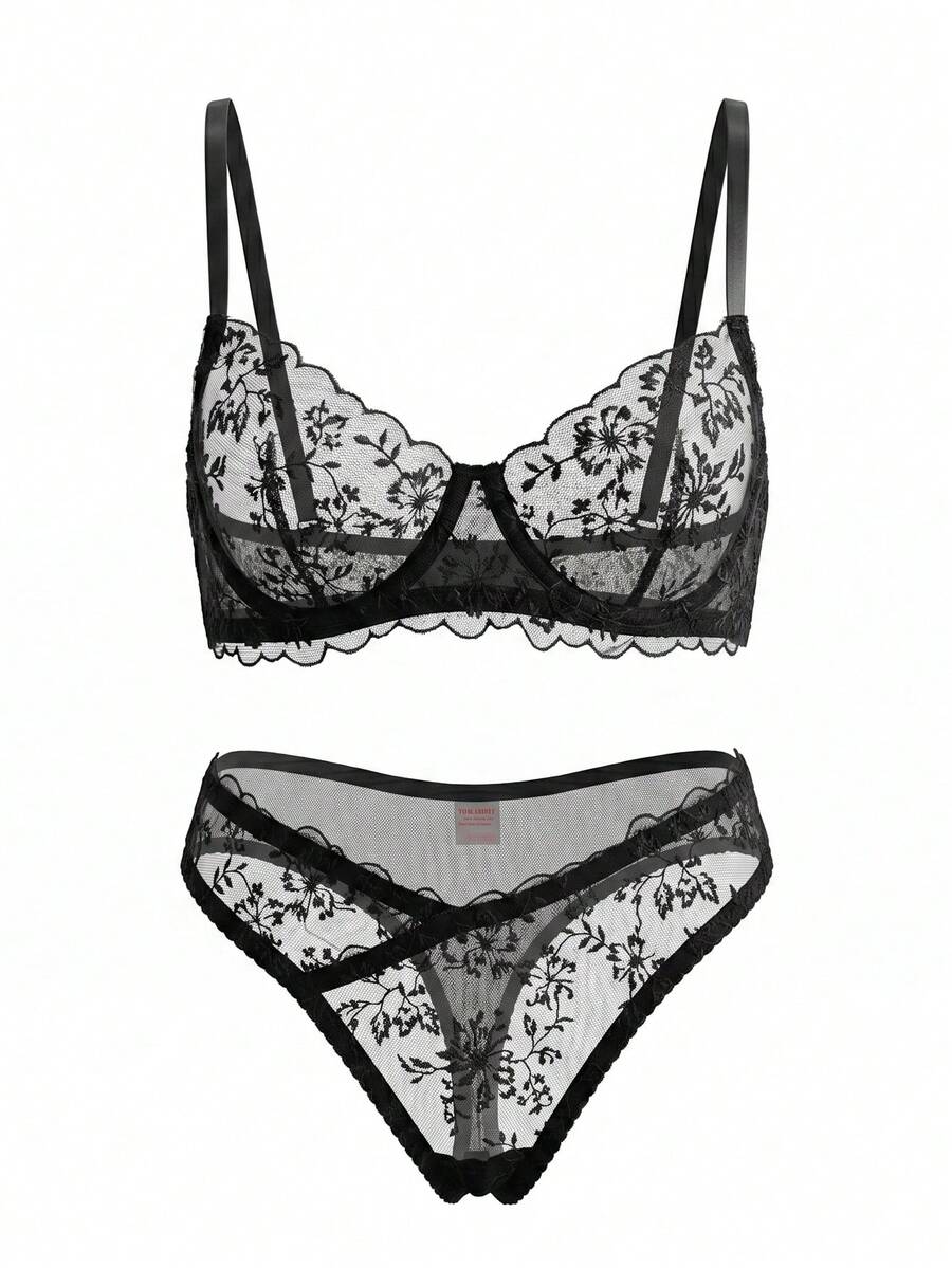2 peças/Conjunto Lingerie Sexy Sutiã de Renda e Camisola Feminina, Conjunto de Sutiã Transparente com Alças Ajustáveis para Festa de Feriado - Preto - Visão 1