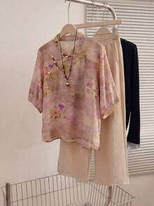 Regalo para mamá Blusa de estilo chino con flores de verano, elegante blusa bordada de manga corta para vacaciones, uso diario y reuniones familiares - Morado - Ver 4