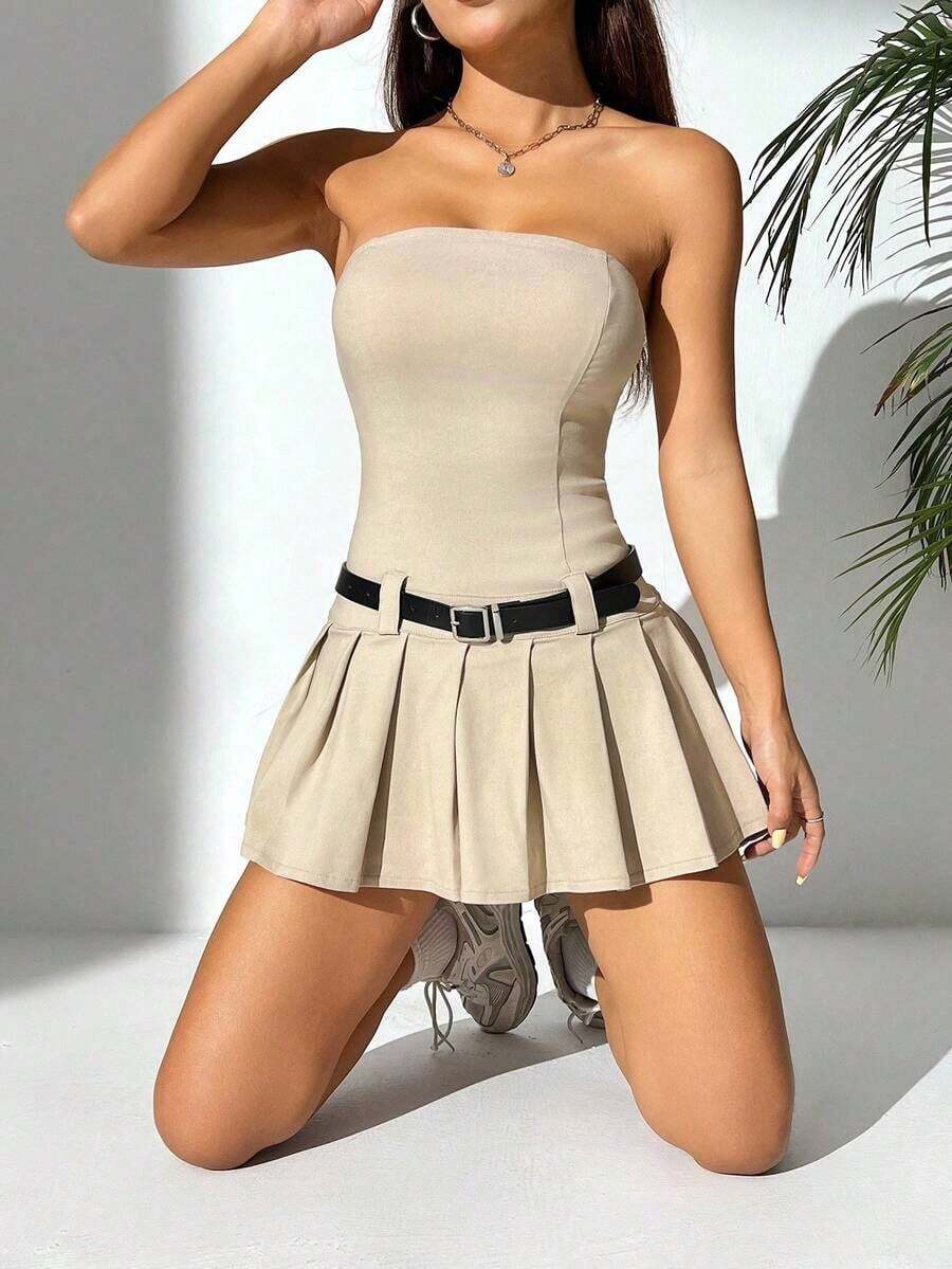 PETITE Vestido corto de verano con tubo sólido, dobladillo plisado y cinturón - Albaricoque - Ver 1