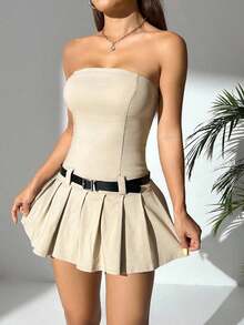 PETITE Vestido corto de verano con tubo sólido, dobladillo plisado y cinturón - Albaricoque - Ver 7