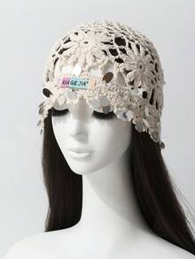 1 chiếc băng đô cài tóc kiểu Boho móc len đính sequin thủ công dành cho nữ, nhẹ, thoáng khí, kiểu dáng rỗng, thích hợp cho mùa xuân/hè, thời trang và đa năng. - Mũ len - Xem 2