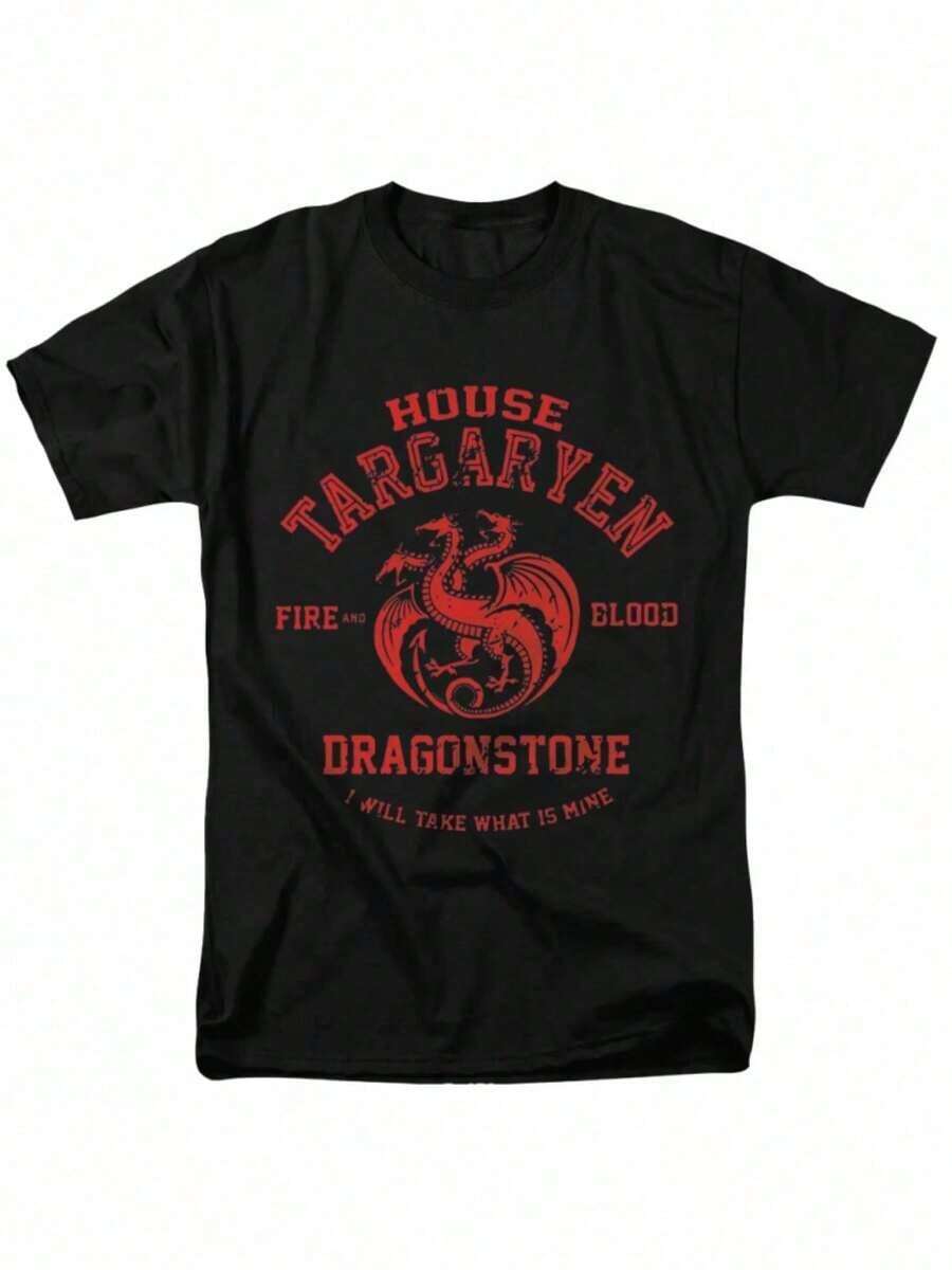 Camiseta de algodón bohemia para hombres con gráfico de Casa y dragón - Cuello redondo casual, manga corta, para todas las estaciones, tela no elástica, negra con texto rojo 1IB8 - Negro - Ver 1