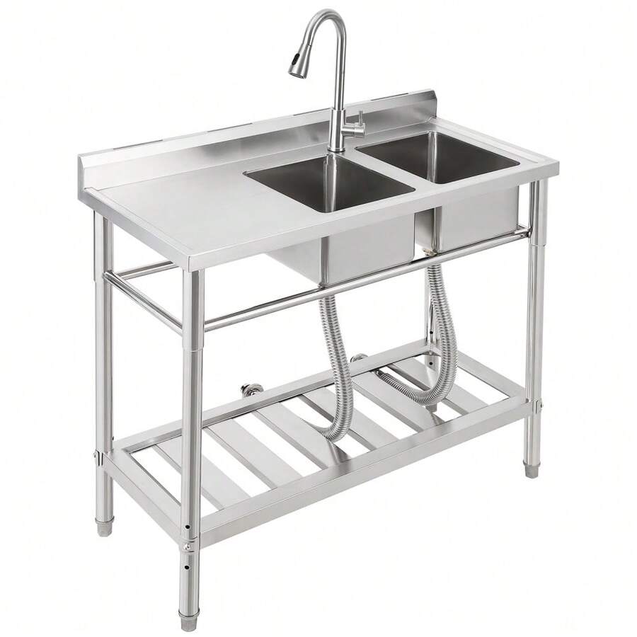 Fregadero utilitario doble de acero inoxidable 47'' para lavandería y cocina - Con estante de almacenamiento, tabla escurridora, grifo de agua fría/caliente, diseño independiente - 39*18*40 pulgadas - Ver 1