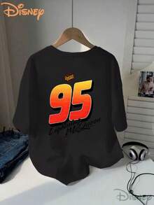 Disney Lightning McQueen Reversible Printed Plus-Size Women's T-Shirt, Loose Round Neckline, Featuring A '95'-Orange-Red Gradient Double-Sided Print, Recommended For Spring And Summer, Machine Washable Fabric, Slightly Stretchy, Exclusive For Fans. - Black - View 2