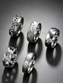 5pcs Fashionable Gothic Stainless Steel Ring Set For Men, Includes Roman Letter & Twisted Rope Elements, Suitable For Daily Wear & Holiday Accessories - 5 Roman Numeral Rings - View 17
