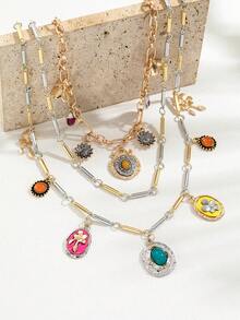 3pcs Colorful Resin Faux Gemstone Pendant Necklace Set, Bohemian Vintage Style Design, Suitable For Daily Commute And Holiday Party Occasions - Multicolor - View 2