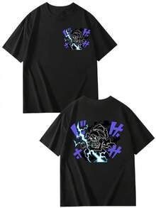 Black T-Shirt With Anime Graphic Design: Hero, Lightning Bolt, Gear Five, Japanese Manga Style, Purple Lightning Bolt. Perfect Aesthetic Design For Comic Conventions, Urban Fashion Fans, And Casual Summer Wear. - 黑色 - 查看 2