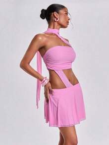 ROMWE Y2K Vestido mini romántico de vacaciones para señorita, de gasa rosa con volantes en el cuello y diseño calado - Rosa - Ver 6