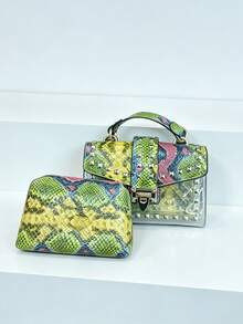 Fashion Graffiti Rivet Decor Handbag - Green - View 13