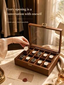 3/6/10/12 Grid Wooden Watch Storage Box With Glass Lid, Walnut Wood Watch Display Storage Box, Dust-Proof Velvet Lining, Men's And Women's Watch Collection Box, Birthday Christmas Gift - Walnut Wood - Inner Brown - View 7