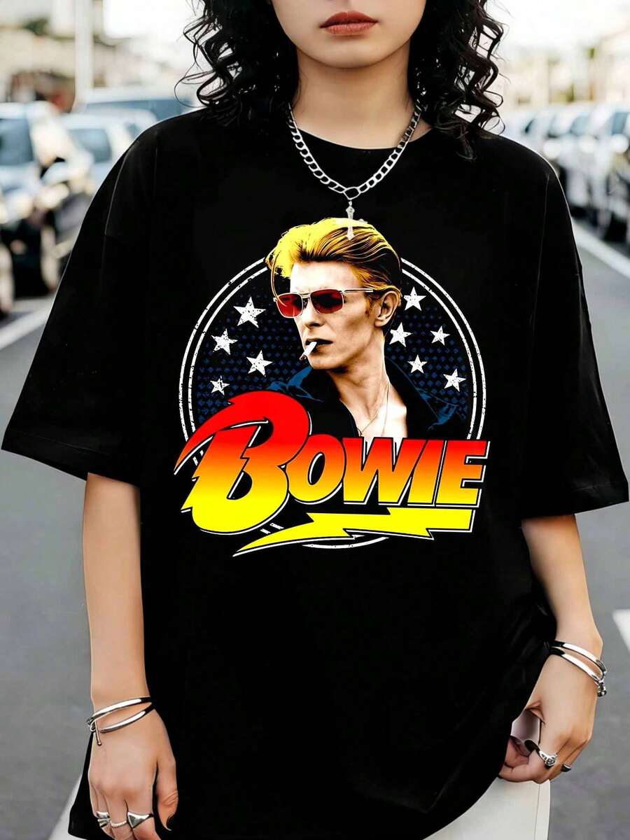 Black T-Shirt With Vintage Retro Musical Motif DavidSS BowieSS - Black - View 1