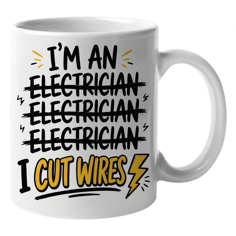 [Envío en 24 horas dentro de México]Taza con estampado doble - Taza de café divertida para electricistas - Frase sarcástica "Corté los cables" - Taza de cerámica de 11 oz - Regalo humorístico para electricistas, trabajadores de cableado e ingenieros eléctricos - Esquema de colores llamativo en amarillo y negro. - 1 - Ver 1