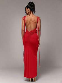 xheSilquee Vestido elegante y sexy de color rojo liso con espalda descubierta, ruedo de sirena y cuello de halter, adecuado para cóctel, cita romántica, vestido de malla de punto, fiesta, boda, Halloween, Navidadxhe - Rojo - Ver 8