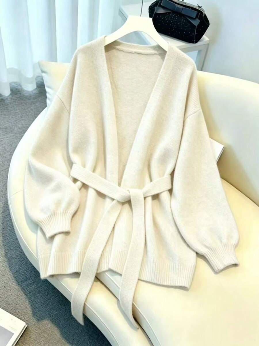 秋冬女款優雅休閒針織開襟衫,寬鬆慵懶通勤收腰開襟衫,老錢風,街頭風秋季 - 奶油色 - 查看 1