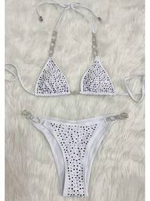 Bikini 2026 Nuevo Modelo Sexy con Rhinestone Dividido Traje de Baño de Mujer unicolor con Tirantes - Negro - Ver 6