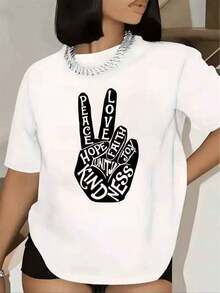 Women's Casual T-Shirt With Hand Print: Peace, Love, Hope, Faith, Unity, Joy, Kindness, Short Sleeve, Round Neck, Casual Wear For Everyday Use, Fashion - 白色 - 查看 6
