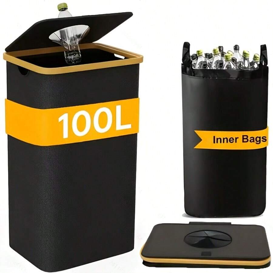 1pc 100L Bamboo Frame Recycling Bin, Foldable Bottle And Can Collection Basket, Large Capacity Laundry Basket, Kitchen, Bathroom, Laundry Room And Home Waste Sorting Organizer